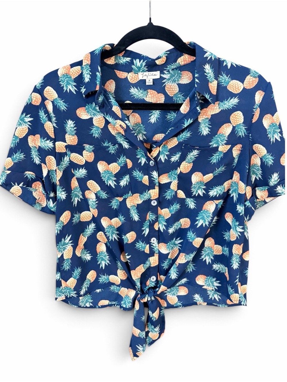 Lily White Navy Pineapple Tie-Front Button-Down Top
